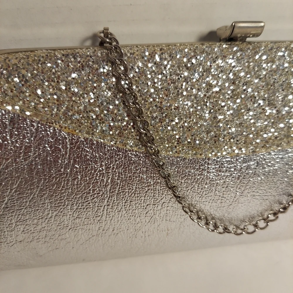 Vintage Silver Metallic + Glitter Clutch Evening Bag Purse Cocktail Prom Formal - Picture 2 of 15
